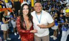Rainha de Bateria Carla Prata recebe as coirmãs na Festa da Bateria do Tucuruvi ao lado do Mestre Serginho